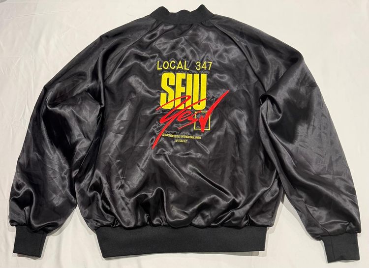 Black Satin Bomber Jacket With Graphic Text